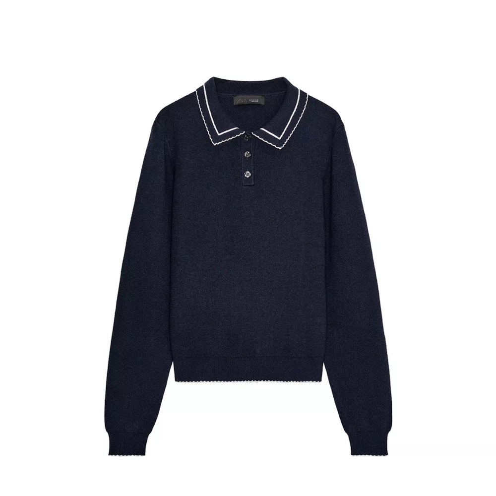Zara Navy Knit Sweater with Contrast Trim